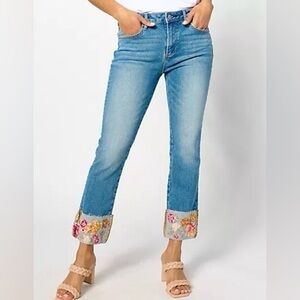 DRIFTWOOD Colette Cropped Embroidered Floral Folded‎ Cuff Jeans Size 4